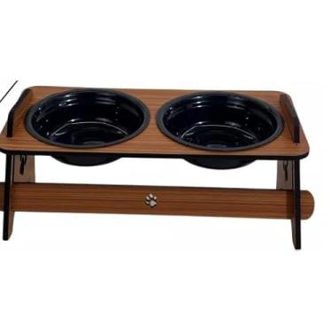 Imagem de Comedouro Elevado Duplo Ração e Água para Cães e Gatos, MDF 6mm, 33,5x16x14cm, Com 2 Tigelas de Polipropileno 350ml e Tampas, Design Suspenso Cor: Aleatória