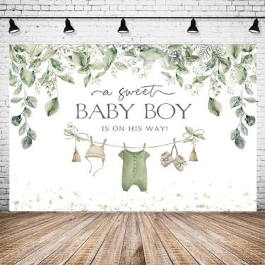 Imagem de Fundo para fotos de chá de bebê, recém-nascidos, meninos, folhas verdes, decoração de festa, vegetação, um doce bebê menino está a caminho, pano de fundo, roupa de lavanderia, vegetação (1,5 x 7 m)