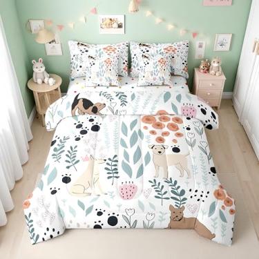 Imagem de Erosebridal Conjunto de edredom infantil de 7 peças com lençóis, kawaii, cachorrinho, para meninas, meninos, lençol de cima, lençol com elástico, estampa de animal, rosa, flores e folhas verdes