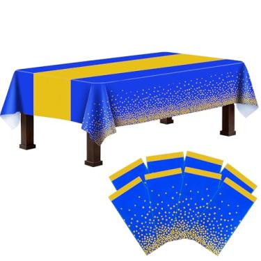 Imagem de Ammbeetty Toalha de mesa retangular de plástico, 8 unidades de toalha de mesa descartável azul e dourada para Natal, aniversário, chá de bebê, formatura, aniversário, decorações de festa, 137 x 272 cm