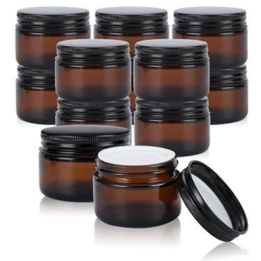 Imagem de RAMFIYN Pacote com 12 frascos cosméticos de vidro âmbar de 5 ml com tampas de metal preto, recipientes vazios de protetor labial com forro interno, frasco de amostra pequeno com etiqueta para loção de