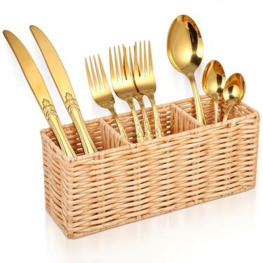 Imagem de YBEATY Organizador de talheres de vime, organizador de talheres de cozinha de plástico, suporte de armazenamento, condimentos de festa, cesta de transporte para bancada, mesa, piquenique, colher