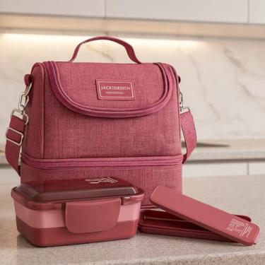 Imagem de Kit Bolsa Térmica C/ 2 Compartimentos + Marmita + Porta Talheres 3 Peças Para Viagem e Armazenamento (Rosa)