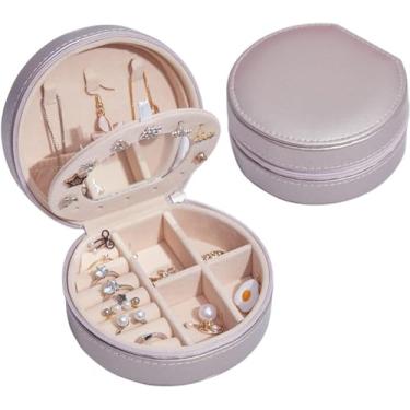 Imagem de Caixa de joias para mulheres, caixa de joias de viagem, caixa de joias redonda, multicamadas, portátil, organizador de joias, brincos, anéis, caixa de joias, gancho com espelho e divisória removível