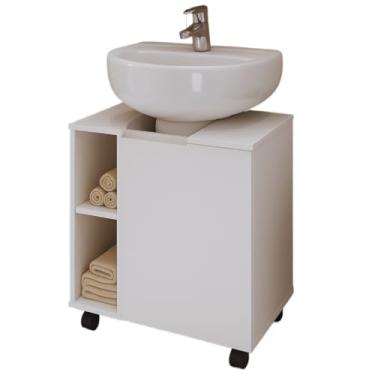 Imagem de Armario Gabinete Para Banheiro Pia Lavatorio de Coluna Com 6 Nichos Prateleira com Porta e Rodinhas(Branco)