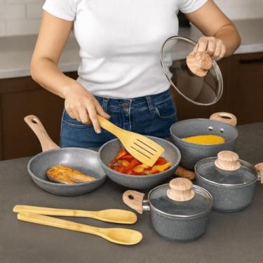 Imagem de Jogo de Panelas Cerâmica 8 Peças, com Cabos de Madeira, Compatível com Indução, Gás,Elétrico,Cerâmica Premium