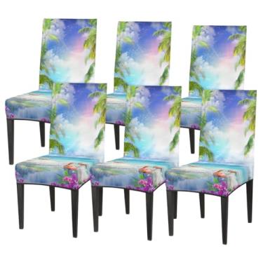 Imagem de Conjunto de 6 capas elásticas para cadeira de sala de jantar, capa protetora de assento de animal, flamingo, oceano, palmeira, lavável, removível, para cozinha, casa, hotel, banquete, festa de