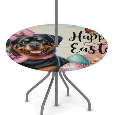 Imagem de hongjinglin Toalha de mesa de Páscoa para uso ao ar livre com orifício para guarda-chuva, toalha de mesa redonda elástica com zíper, impermeável, limpável, para piquenique, festa, pátio, serve para