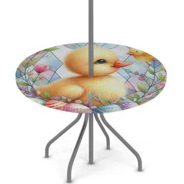 Imagem de hongjinglin Toalha de mesa de Páscoa para uso ao ar livre com orifício para guarda-chuva, toalha de mesa redonda elástica com zíper, impermeável, limpável, para piquenique, festa, pátio, serve para