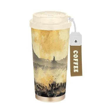 Imagem de SEHANY Caneca de viagem vintage caubói ocidental 482 g xícaras de café reutilizáveis revestidas de cerâmica com tampa à prova de vazamento, parede dupla, isolamento a vácuo, copo de café de aço