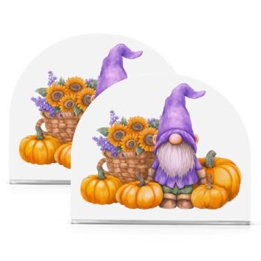 Imagem de ATTX Pacote com 2 porta-guardanapos de acrílico de Ação de Graças com design de abóboras girassóis e gnomos - Organizador decorativo de mesa para cozinha, restaurante, decoração de férias de casa #444
