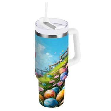 Imagem de ATTX Copo fofo de coelho da Páscoa de 850 g com alça, copo de aço inoxidável a vácuo de parede dupla com palha, caneca de café isolada para viagem #414
