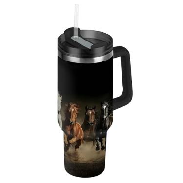 Imagem de SEHANY Copo Majestic Horse de 850 g com tampa e canudo, aço inoxidável de vácuo duplo isolado garrafa de água esportiva suporte de copo de café de viagem à prova de vazamento para bebida gelada