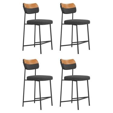 Imagem de Kit 04 Banquetas Médias Cozinha Lila Estofada Couríssimo Whisky Linho Grafite - Abmaza