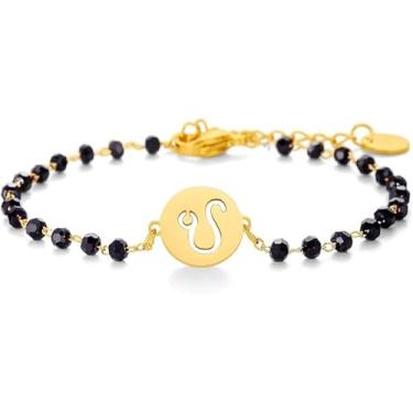 Imagem de Pulseira feminina do signo do zodíaco, pingente de signo do zodíaco de aço inoxidável dourado, pulseira de corrente de contas pretas para o signo do zodíaco, presentes adequados para mulheres, One
