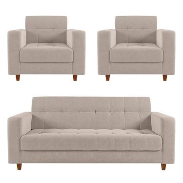 Imagem de Sofá 2 Lugares E 2 Poltronas Pé Madeira Castanho Arezo Linho D01 - D'rossi A27 Areia