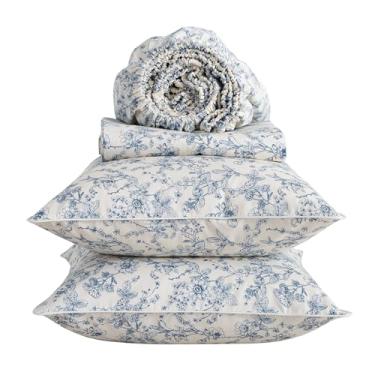 Imagem de Puralens Jogo de lençol King de percal floral azul, 4 peças, estampa de folhas de flores chiques, lençol de cama com bolso profundo e macio, 100% algodão, branco creme