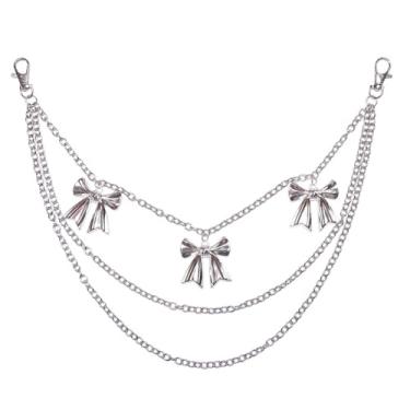 Imagem de Calça hip hop Y2k com pingente de laço, corrente multicamadas para mulher, moda, elegante, laço prateado, jeans, rock, bolso de rua, carteira, correntes, estética, punk, emo, cinto, joias corporais