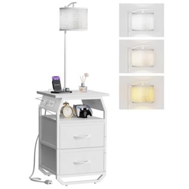 Imagem de runjuly Luminária de chão com mesa, mesas de canto com lâmpadas anexadas, lâmpada de temperatura de 3 cores, mesa lateral com lâmpada com 2 gavetas e carregamento, conjunto de lâmpadas para quarto