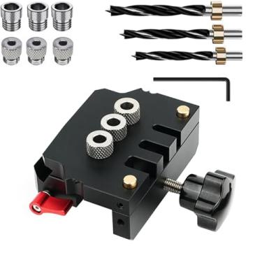 Imagem de Gabarito de cavilha autocentrante ajustável, gabarito de cavilha 3 em 1, marcenaria em forma de L/T cria borda, buchas de guia de broca de 6/10 mm x 3, brocas de 6/8/10 mm e coleiras de parada