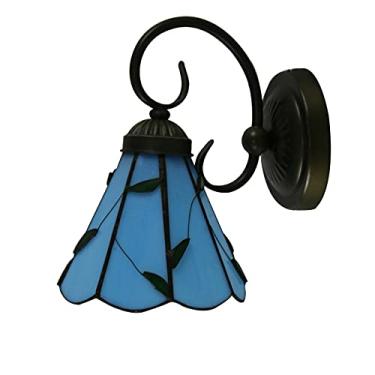 Imagem de Arandela de parede estilo Tiffany, com vitral azul mediterrâneo, luminária de parede retrô europeia com espelho frontal para quarto, cabeceira, corredor e varanda.