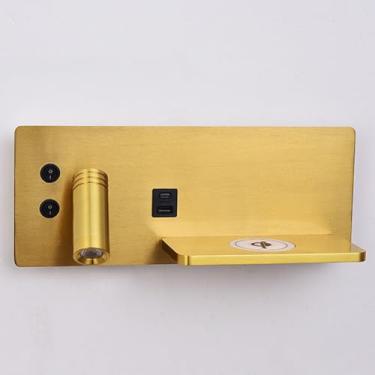 Imagem de Luminária de parede giratória LED com carregador sem fio e porta USB, interruptor de luz de parede, 8W + 3W, branco quente 3000K, dourada, para leitura, com iluminação de fundo.