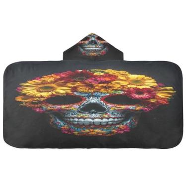 Imagem de Burbuja Toalha de banho com capuz de caveira mexicana com flores coloridas para crianças, toalha de praia de pelúcia macia absorvente para meninas e meninos 3-10 anos, 61 x 127 cm