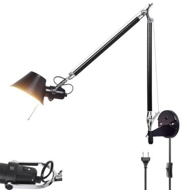 Imagem de Luminária de parede ajustável com braço giratório, luminária de parede longa com interruptor e plugue, luminária de parede vintage preta giratória para leitura, luminária de alumínio com int