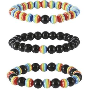 Imagem de Pulseira tricolor de pedras preciosas naturais de 3 peças, pulseira elástica feita à mão: bola arco-íris design de laço único — estilo étnico para casais e roupas empilhadas, pulseira de ioga para