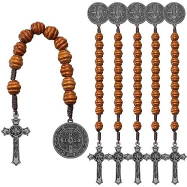 Imagem de Weyuley 6 contas de madeira marrom com medalha de São Bento e cruz adequadas para homens e mulheres, um presente de oração católica, free size, Zinco, Strass