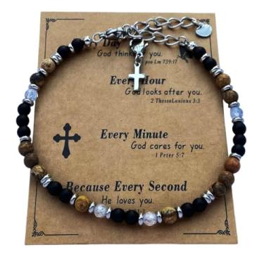 Imagem de DOLON Pulseira minimalista cristã com pingente de cruz com contas boêmia de pedra natural de 4 mm para mulheres, homens, confirmação, batismo, Páscoa, aniversário, presentes religiosos de Natal