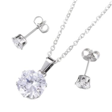 Imagem de 1 conjunto de joias de colar e brincos de aço inoxidável, pingente redondo plano com zircônia cúbica para mulheres, aniversário, aniversário, presentes elegantes, 45 cm/0,5 cm