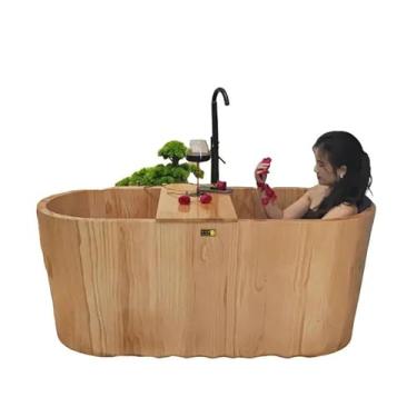 Imagem de Banheira de pinho importado de estilo japonês independente da Nova Zelândia, barril de banho, hotel doméstico, casa de família, banho redondo duplo adulto, spa saúde (madeira, 59" (150 cm))
