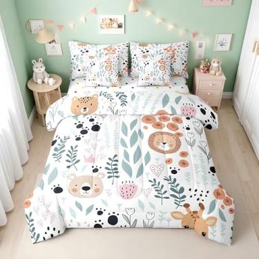 Imagem de Erosebridal Jogo de cama de casal infantil com estampa animal de 7 peças, desenho animado de urso leão, girafa, para decoração de quarto de meninas e meninos, lençol de cima com lençol de cima