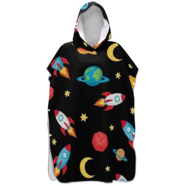 Imagem de Joisal Poncho de surfe para mudança de roupão de praia com capuz toalha floral reutilizável fofo foguetes de desenho animado preto poncho masculino com capuz