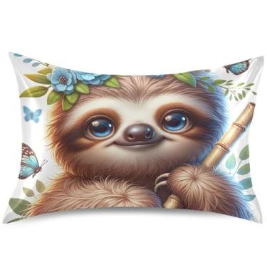 Imagem de Capas de almofada de cetim floral de preguiça de animais fofos, capas de travesseiro de resfriamento King Queen, padrão antiderrapante, tamanho padrão, 66 cm x 50 cm