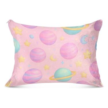 Imagem de Capas de travesseiro de flanela rosa planetas pastel decorativas para travesseiro padrão Queen King capa de travesseiro de corpo divertido macia, tamanho king, 50,8 cm x 101,6 cm
