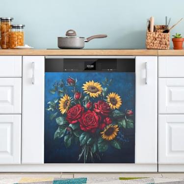 Imagem de Girassóis Roses Vaso Lava-louças Capa Ímã Impermeável Geladeira Adesivos Portátil Bancada Lava-Louças Capa 58 cm x 66 cm
