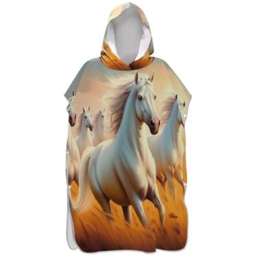 Imagem de Joisal Poncho de surfe trocador de roupão adulto com capuz toalha de natação leve unissex adulto poncho com capuz desenho animado cavalo bonito branco
