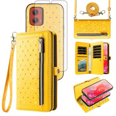 Imagem de Capa de celular para Motorola Moto G Stylus 5G 2024 com zíper carteira magnética destacável com protetor de tela de vidro temperado, alça transversal, flip brilhante, suporte para cartão de crédito G5