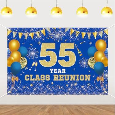 Imagem de JOYMEMO Pano de fundo de reunião de classe de 55 anos de 1,5 x 0,9 m - Decorações de reunião de classe 55ª escola azul e dourado, fundo fotográfico para escola primária, universidade, bem-vindo de