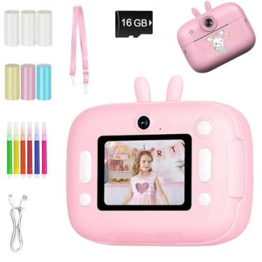 Imagem de Câmera Infantil, Fotografia de Alta Definição, Imprima e Crie à Vontade, Inclui Cartão de Memória de 16 GB, Papel Fotográfico, Canetas Coloridas e Alça (Rosa)