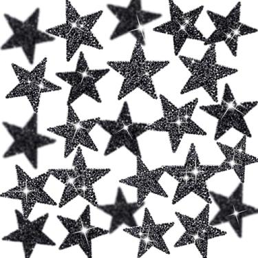 Imagem de Syhood 24 peças de adesivos de estrela em strass adesivos de lantejoulas glitter estrelas apliques para roupas de Natal decoração de reparo de jeans (2,36 polegadas, preto)