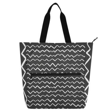 Imagem de GAIGEO Wavy Lines Bolsas de trabalho cinza escuro para mulheres, bolsa escolar de lona com zíper, bolsas fofas para crianças com compartimentos