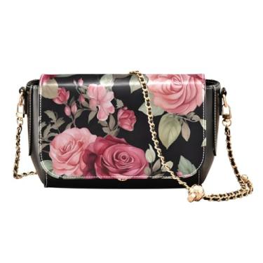 Imagem de GAIGEO Bolsa transversal feminina de couro com flores de lavanda aquarela, presentes de couro para mulheres, bolsa transversal de couro sintético, Rosa em rosa e verde com preto-4, One Size