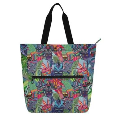 Imagem de GAIGEO Tiki Masks Bolsas femininas de lona para trabalho com plantas tropicais para professores de faculdade, escola, presente para amantes de livros
