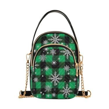 Imagem de GAIGEO Bolsa tiracolo feminina com textura tartã verde e preta, bolsa tiracolo moderna com corrente dourada, Xadrez verde com flocos de neve - 1, One Size