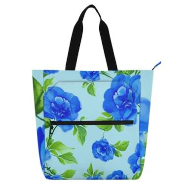 Imagem de Bolsa de trabalho feminina com flores azuis, folhas verdes, lona, praia, livros, zíper, bolsas para professores, presente para amantes de livros