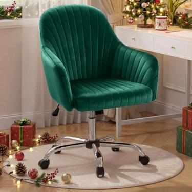 Imagem de Warmiehomy Cadeira de mesa de veludo para escritório em casa, cadeira de trabalho giratória moderna ajustável, cadeiras femininas com descanso de braço para quarto de vestiário, verde