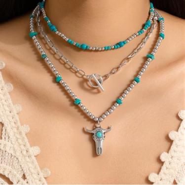 Imagem de Colar com pingente de imitação de turquesa, colar em camadas empilhadas, colar de pedra de cristal colorido para mulheres, Large, Metal metal Imitação de turquesa, imitação de cristal